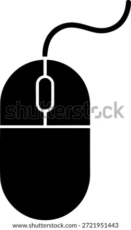 Vector graphic of a computer mouse with cord. Click device silhouette for hardware, technology, and office equipment designs.