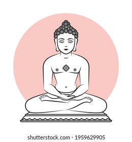 Vector Graphic Conceptual Line Art Illustration Jainism Tirthankara Lord Vardhamana Mahavira aka Vira, Sanmati, Kevala, Nayaputta, Ativira, Kashyapa sitting and meditating suitable for Janma Kalyanak.