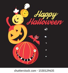 Vector graphic congratulation color Halloween poster with pumpkins and skulls on a dark background