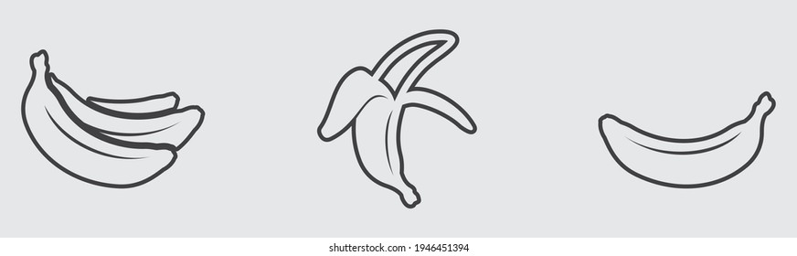 Vector graphic contour black ripe bananas set on a gray background. Peeled, bunch, one banana.