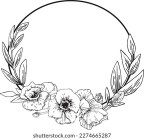 Vector graphic contour frame with buds and poppy stems and greens. Set for Mother's Day and Easter. Image for textiles, chancery, design, scrapbooking, packaging