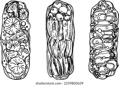 Vector graphic contour image with berry eclairs with glaze. Special set for Valentine's Day and Mother's Day. Collection for festive designer packaging, textiles, scrapbooking