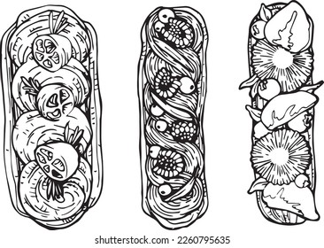 Vector graphic contour set of cream eclairs with blueberries, strawberries, kumquats. Special collection for Valentine's Day and Mother's Day. Collection for festive designer packaging, textiles