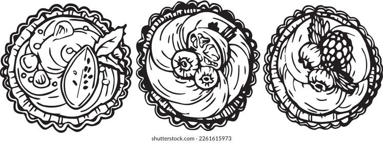 Vector graphic contour set of cupcakes with berries, cream. Special collection for Birthday and Mother's Day. Collection for festive designer packaging, textiles, menus, scrapbooking