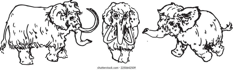 Vector graphic contour set of stylized mammoths. Arctic image for holiday packaging, scrapbooking, wallpaper design and sites