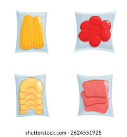 Gráfico vetorial de milho, tomates, fatias de pão e bife em envoltório plástico, isolado no branco