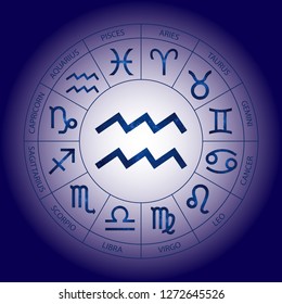 Vector. Graphic cosmic astrology set. A simple geometric representation of the zodiac sign for horoscope Aquarius with titles