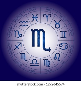 Vector. Graphic cosmic astrology set. A simple geometric representation of the zodiac sign for horoscope Scorpio with titles