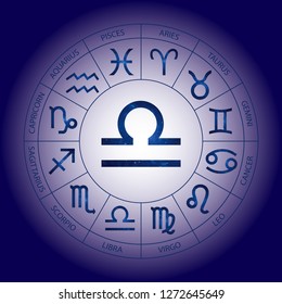 Vector. Graphic cosmic astrology set. A simple geometric representation of the zodiac sign for horoscope Libra with titles