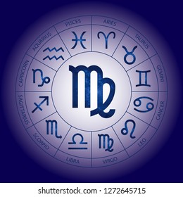 Vector. Graphic cosmic astrology set. A simple geometric representation of the zodiac sign for horoscope Virgo with titles