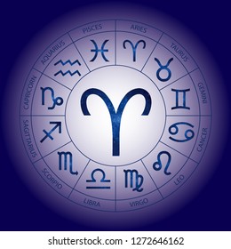 Vector. Graphic cosmic astrology set. A simple geometric representation of the zodiac sign for horoscope Aries with titles