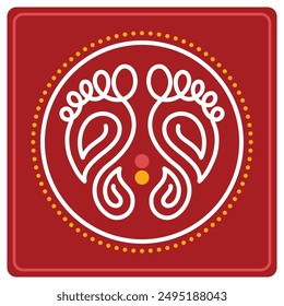 Vektorgrafik Grafische Gestaltungskonzeptuelle Illustration von Fußabdrücken, Fußschritte von Göttin Laxmi, Maa Durga Charan in Mandala Rangoli in turmarischem Gelb und indischem Rot Polka Dots Warli Art.