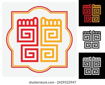 Ilustración minimalista conceptual creativa vectorial gráfica en estilo cubista de huellas, pasos de pie de la diosa Laxmi Maa Durga Charan en color amarillo rojo Mandala Rangoli Mehandi Patrón