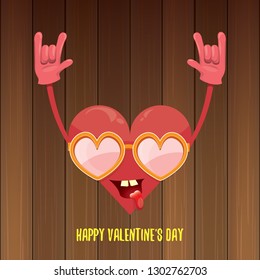 vector graphic creative happy valentines day card with cartoon pink heart character and calligraphic text isolated on wooden background. rock n roll valentines day party concept poster design template
