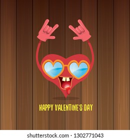 vector graphic creative happy valentines day card with cartoon pink heart character and calligraphic text isolated on wooden background. rock n roll valentines day party concept poster design template
