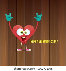 vector graphic creative happy valentines day card with cartoon pink heart character and calligraphic text isolated on wooden background. rock n roll valentines day party concept poster design template