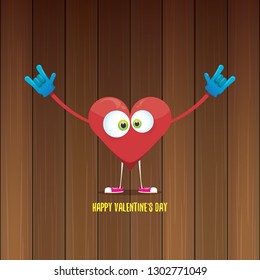 vector graphic creative happy valentines day card with cartoon pink heart character and calligraphic text isolated on wooden background. rock n roll valentines day party concept poster design template