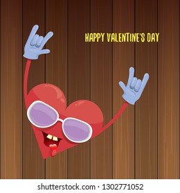 vector graphic creative happy valentines day card with cartoon pink heart character and calligraphic text isolated on wooden background. rock n roll valentines day party concept poster design template