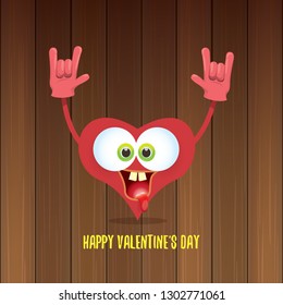 vector graphic creative happy valentines day card with cartoon pink heart character and calligraphic text isolated on wooden background. rock n roll valentines day party concept poster design template