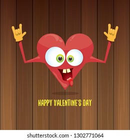 vector graphic creative happy valentines day card with cartoon pink heart character and calligraphic text isolated on wooden background. rock n roll valentines day party concept poster design template