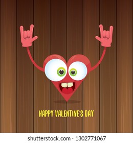 vector graphic creative happy valentines day card with cartoon pink heart character and calligraphic text isolated on wooden background. rock n roll valentines day party concept poster design template