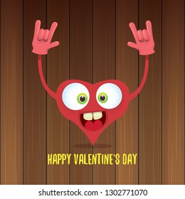 vector graphic creative happy valentines day card with cartoon pink heart character and calligraphic text isolated on wooden background. rock n roll valentines day party concept poster design template