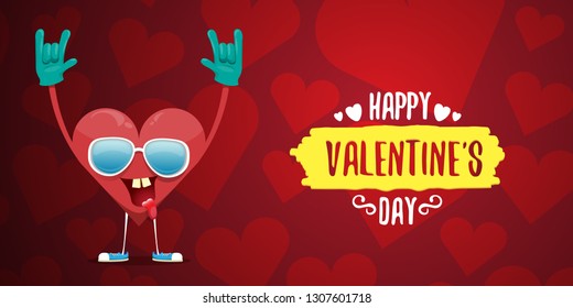 vector graphic creative happy valentines day horizontal banner with cartoon pink heart character and calligraphic text on red background with hearts. rock n roll valentines day party concept poster