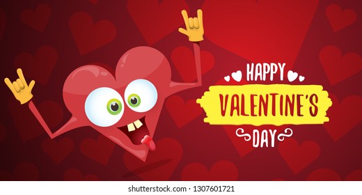 vector graphic creative happy valentines day horizontal banner with cartoon pink heart character and calligraphic text on red background with hearts. rock n roll valentines day party concept poster