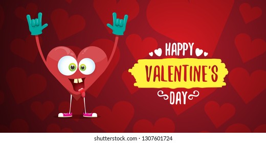 vector graphic creative happy valentines day horizontal banner with cartoon pink heart character and calligraphic text on red background with hearts. rock n roll valentines day party concept poster