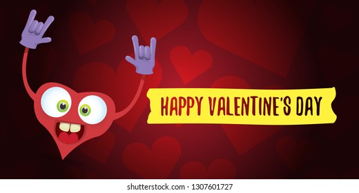 vector graphic creative happy valentines day horizontal banner with cartoon pink heart character and calligraphic text on red background with hearts. rock n roll valentines day party concept poster