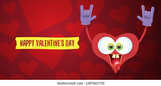 vector graphic creative happy valentines day horizontal banner with cartoon pink heart character and calligraphic text on red background with hearts. rock n roll valentines day party concept poster