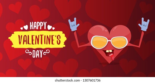 vector graphic creative happy valentines day horizontal banner with cartoon pink heart character and calligraphic text on red background with hearts. rock n roll valentines day party concept poster