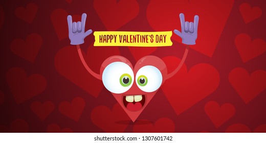 vector graphic creative happy valentines day horizontal banner with cartoon pink heart character and calligraphic text on red background with hearts. rock n roll valentines day party concept poster