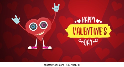 vector graphic creative happy valentines day horizontal banner with cartoon pink heart character and calligraphic text on red background with hearts. rock n roll valentines day party concept poster