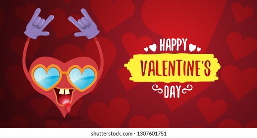 vector graphic creative happy valentines day horizontal banner with cartoon pink heart character and calligraphic text on red background with hearts. rock n roll valentines day party concept poster