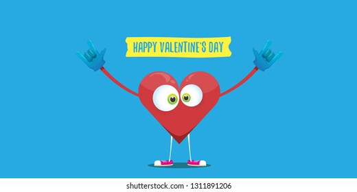 vector graphic creative happy valentines day horizontal banner with cartoon pink heart character and calligraphic text on blue background with hearts. rock n roll valentines day party concept poster