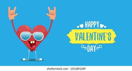 vector graphic creative happy valentines day horizontal banner with cartoon pink heart character and calligraphic text on blue background with hearts. rock n roll valentines day party concept poster