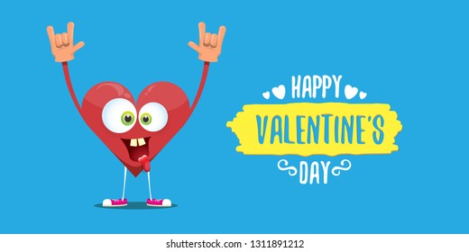 vector graphic creative happy valentines day horizontal banner with cartoon pink heart character and calligraphic text on blue background with hearts. rock n roll valentines day party concept poster