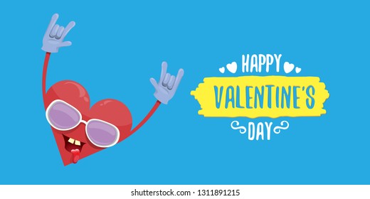 vector graphic creative happy valentines day horizontal banner with cartoon pink heart character and calligraphic text on blue background with hearts. rock n roll valentines day party concept poster