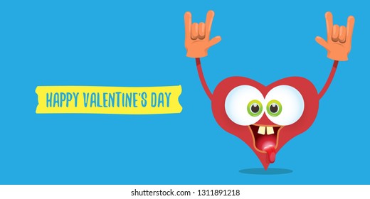 vector graphic creative happy valentines day horizontal banner with cartoon pink heart character and calligraphic text on blue background with hearts. rock n roll valentines day party concept poster