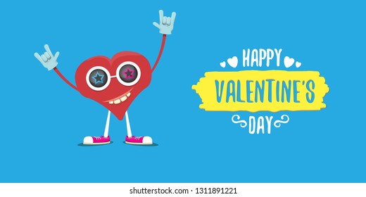 vector graphic creative happy valentines day horizontal banner with cartoon pink heart character and calligraphic text on blue background with hearts. rock n roll valentines day party concept poster