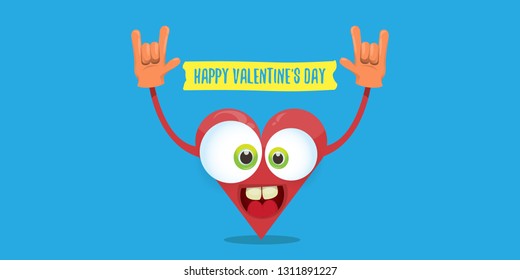 vector graphic creative happy valentines day horizontal banner with cartoon pink heart character and calligraphic text on blue background with hearts. rock n roll valentines day party concept poster