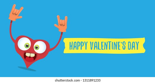 vector graphic creative happy valentines day horizontal banner with cartoon pink heart character and calligraphic text on blue background with hearts. rock n roll valentines day party concept poster