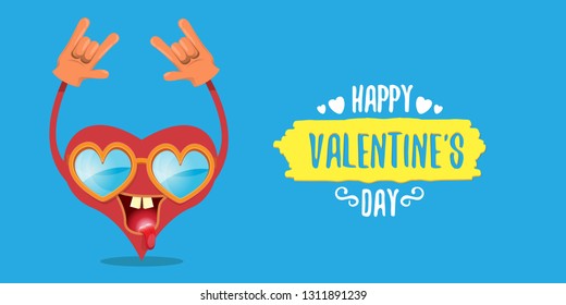 vector graphic creative happy valentines day horizontal banner with cartoon pink heart character and calligraphic text on blue background with hearts. rock n roll valentines day party concept poster