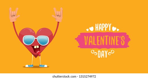 vector graphic creative happy valentines day horizontal banner with cartoon pink heart character and calligraphic text on orange background with hearts. rock n roll valentines day party poster 