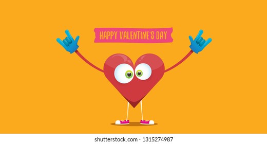 vector graphic creative happy valentines day horizontal banner with cartoon pink heart character and calligraphic text on orange background with hearts. rock n roll valentines day party poster 