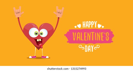 vector graphic creative happy valentines day horizontal banner with cartoon pink heart character and calligraphic text on orange background with hearts. rock n roll valentines day party poster 