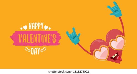 vector graphic creative happy valentines day horizontal banner with cartoon pink heart character and calligraphic text on orange background with hearts. rock n roll valentines day party poster 