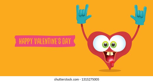 vector graphic creative happy valentines day horizontal banner with cartoon pink heart character and calligraphic text on orange background with hearts. rock n roll valentines day party poster 