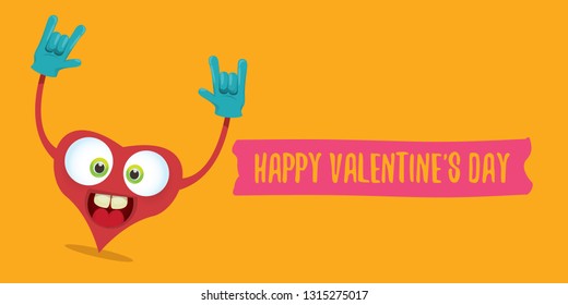 vector graphic creative happy valentines day horizontal banner with cartoon pink heart character and calligraphic text on orange background with hearts. rock n roll valentines day party poster 